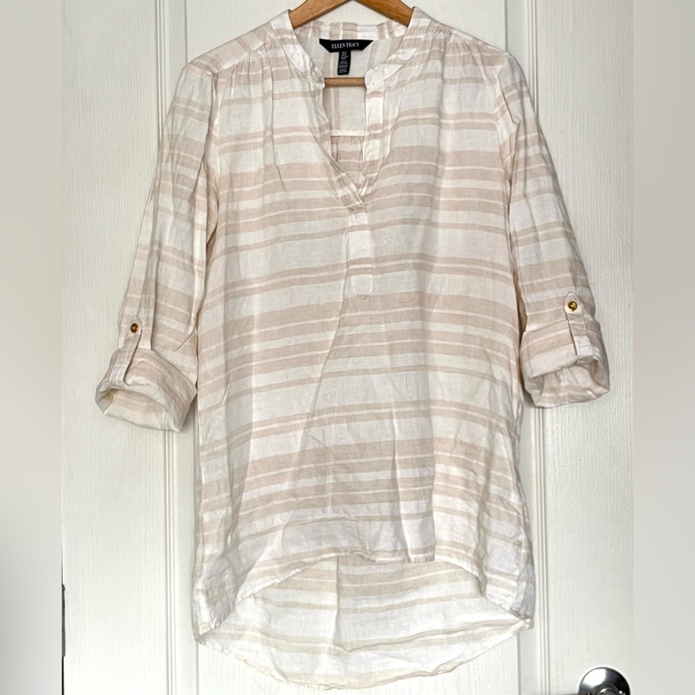 Ellen Tracy 100% Linen White Striped Popover Tunic Blouse Sz M Coastal Grandma